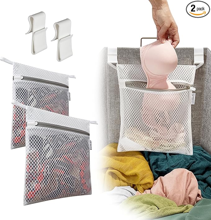 2Pcs Mesh Laundry Bags for Delicates w/Hooks, Hanging Durable Laundry Mesh Wash Bags Attachable Inside Laundry Basket, Lingerie Bags for Washing Bras, Socks – 12x10 Washable Laundry Bag