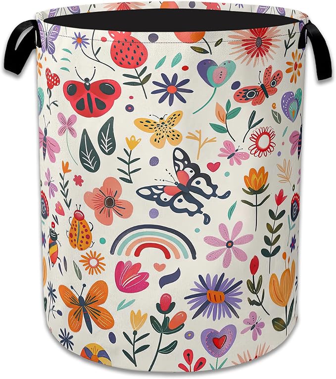 Colorful Butterfly Flowers Laundry Basket Collapsible Laundry Hamper Clothes Toy Storage Bin for Bathroom Bedroom Room Decor 16" X 20.8"