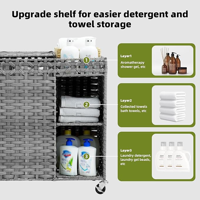 Laundry Hamper with Lid, 160L Rattan Wicker Laundry Basket with Wheels, Handwoven Laundry Hamper 3-Section with Storage shelf(42.3 Gal), Laundry Sorter Basket with Removable Liner, GreyHLH033G