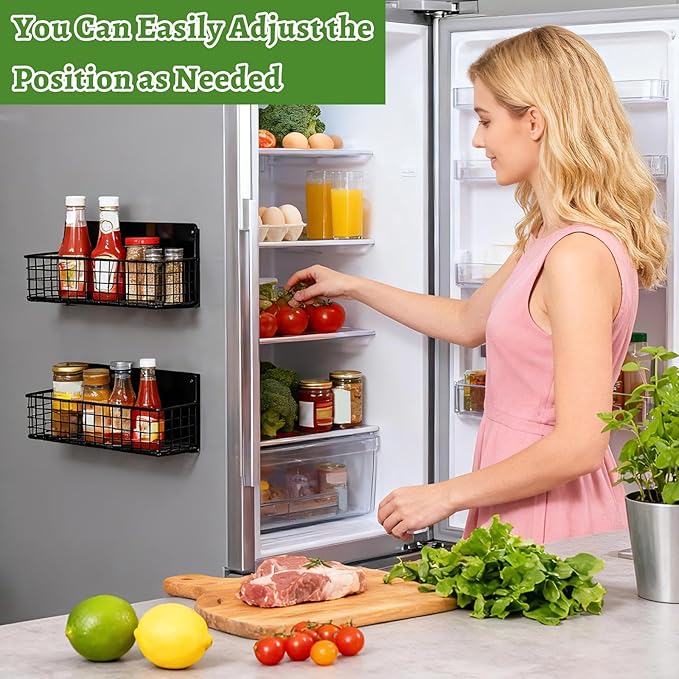 2 Pack Magnetic Basket for Fridge, Magnetic Spice Rack for Side of Refrigerator, Small Magnet Wire Bin Basket Fridge Shelf Organizer Kitchen Classroom Whiteboard Pantry Office Storage, Black