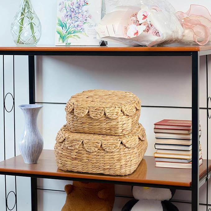 Set of 2 Wicker Storage Baskets with Lid, Rattan Basket Decorative Boxes, Woven Storage Box Hyacinth Basket with Lids, Small Scalloped Edge Wicker Baskets with Lids