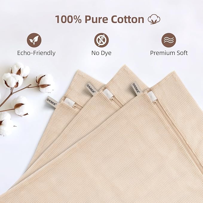 100% Cotton Mesh Laundry Bags, Premium Soft, No Dye, Natual,Set of 3(XXL)