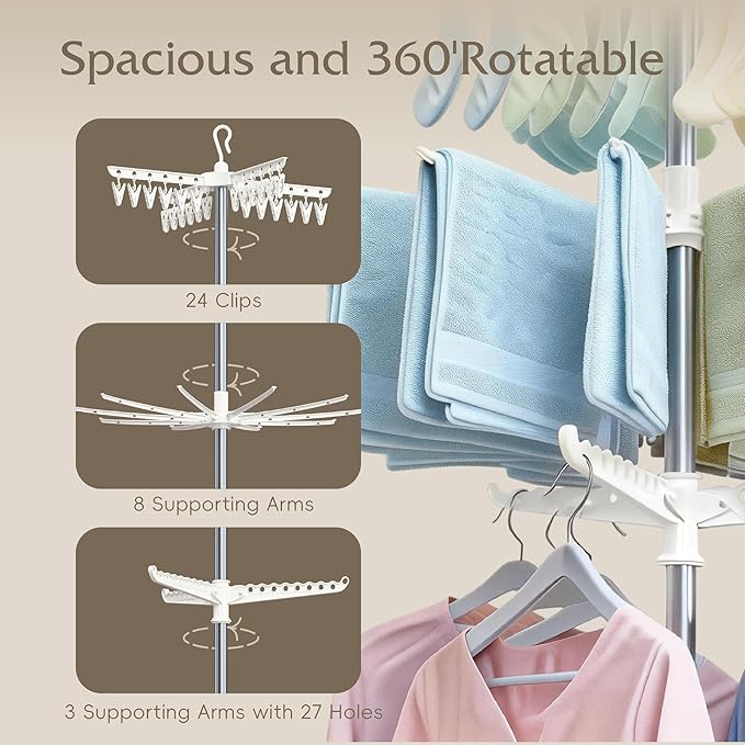 Beaudaily Clothes Drying Rack, Foldable 79.5-Inch Laundry Drying Rack,3 Tie, with Rotatable Arms, Stainless Steel, Holds 27 Clothes,8 Towels and 24 Clips for Hanging Socks, White and Silver