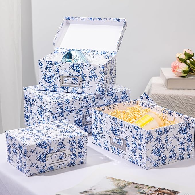Briful Blue and white Porcelain Storage Boxes, Photos Storage Boxes with Lids 4 in 1 Set Water-proof Gift Boxes Sets Decorative Multiple Size Storage Bins for Clothes/Office/Christmas Decorations