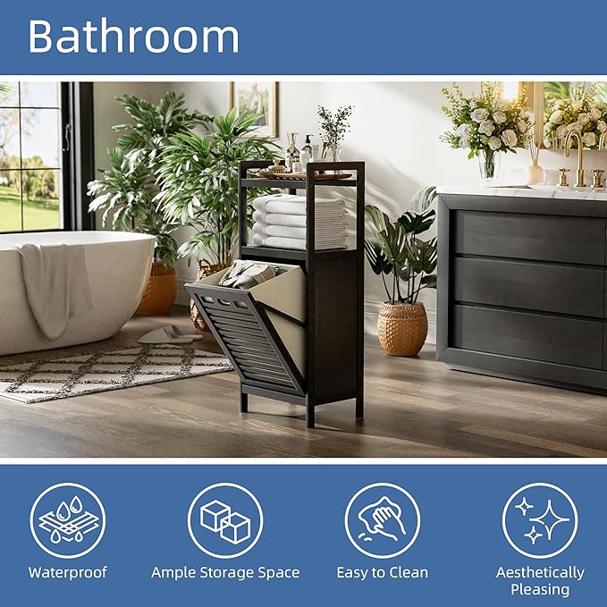 HITNET Tilt Out Laundry Hamper, Bamboo Bathroom Cabinet with Pull Out Removable Bag and 2 Tier Storage Shelves, 8.5 Gallon Clothes Basket with Metal Handle, Black