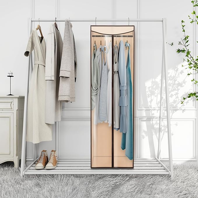 Garment Bags for Hanging Clothes Storage, Long Garment Cover with Zippered Clear Window for Closet Wardrobe Clothes Rack Organizer, Hanging Garment Bags for Dresses, Suits, 2 Pack, Beige
