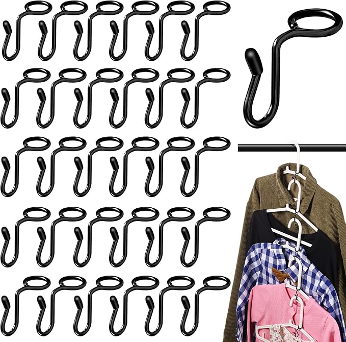 Sratte 50 Pieces Clothes Hanger Connector Hooks, Metal Clips Extender Hooks for Velvet Hangers Closet Space Saving(Black,50 Pieces)