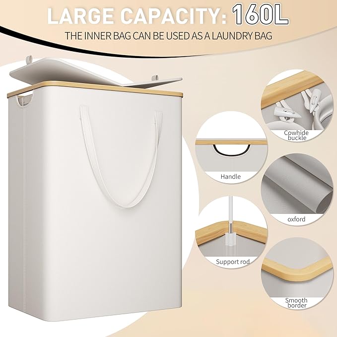 160L Double Laundry Hamper with Lid 2 Section, Large Bamboo Laundry Basket with 2 Removable Bags, Clothes Hampers for Laundry for Bedroom, Bathroom, Dorm, Laundry Room, Beige