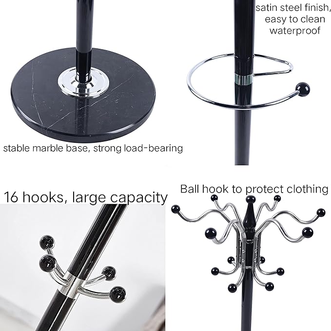 67" Metal Coat Rack Stand Satin Steel Marble Base with 16 Hooks Metal Tree Hat Rack & Coat Hanger Floor Standing Clothes Rack High-Grade Wall Bedroom Hall Entryway Organizer Storage,Black