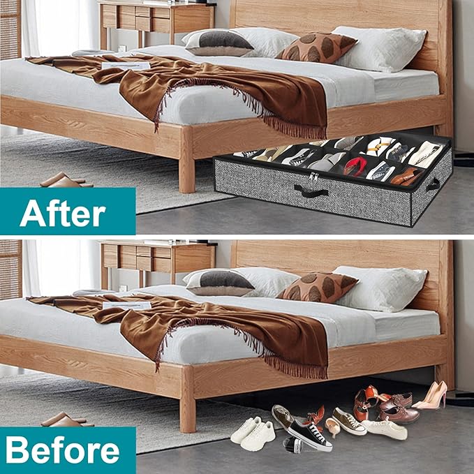 Under Bed Shoe Storage Organizer for Closet 2 Pack- Fits 32 Pairs Underbed Shoes Container Boxes Black