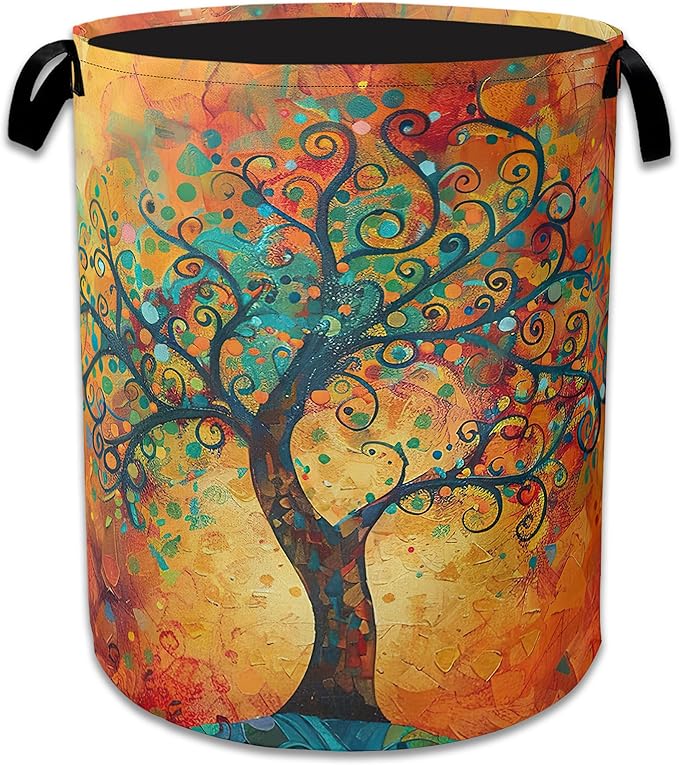 Abstract Life Tree Laundry Basket Collapsible Laundry Hamper with Handle, Portable Clothes Toy Storage Bin for Bathroom Bedroom Room Decor 16" X 20.8"