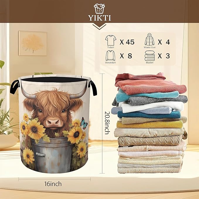 Cute Highland Cow Laundry Hamper,Watercolor Sunflower Collapsible Laundry Baskets,Waterproof Oxford Cloth Laundry Room Organization for Bedroom,Bathroom,Nursery,16x20 Inch
