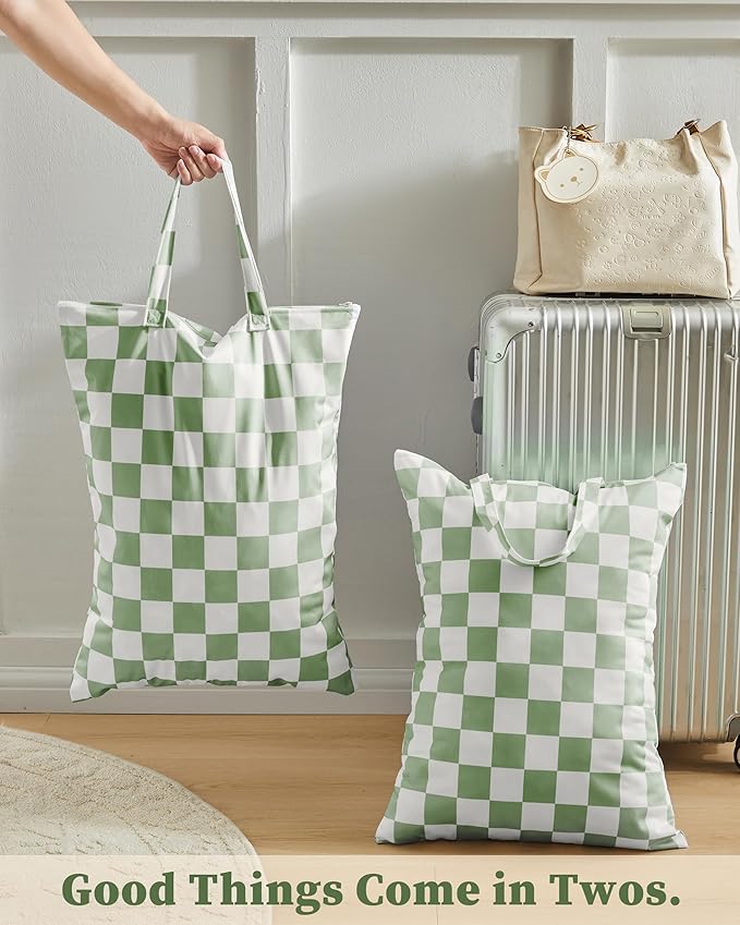 Checkered 2 Pcs Large Travel Laundry Bags for Dirty Clothes, Aesthetic Trendy Waterproof Washable Laundry Bag with Handle for Travel, Gym, Swimming Pool Sage Green