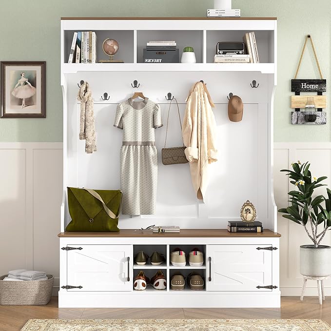 Farmhouse 71''H Hall Tree with Wooden Bench Seat, 5-in-1 Entryway Storage Organizer Cabinet with Bench and Shoe Storage, 4 Shoe Cubbies & 7 Hooks for Hallway, Entryway, Living Room