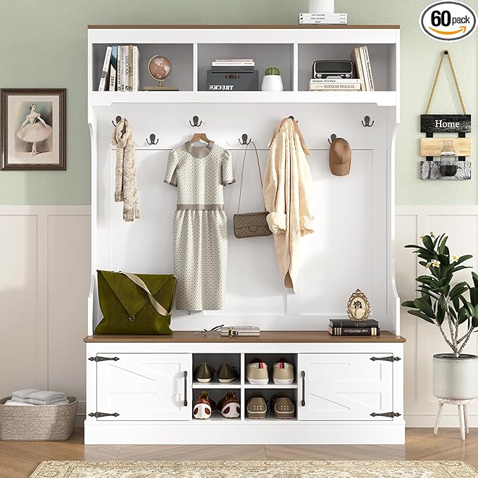 Versatile Hall Tree with 7 Hooks and Shoe Storage, 71''H Farmhouse Wood Coat Rack Entryway Storage Organizer Cabinet with 4 Shoe Cubbies, 54.30'' Wide Hall Tree for Entrance Hallway