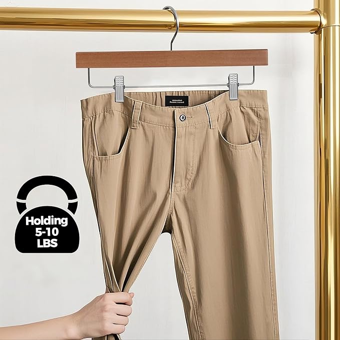 Quality Hangers Wooden Pants Hangers - 20-Pack Swivel Hook Cloth Hanger Set - Lotus Wood Skirt, Pant, Shorts and Slack Hangers with Adjustable Clip (Walnut - Chrome Hook, 20)