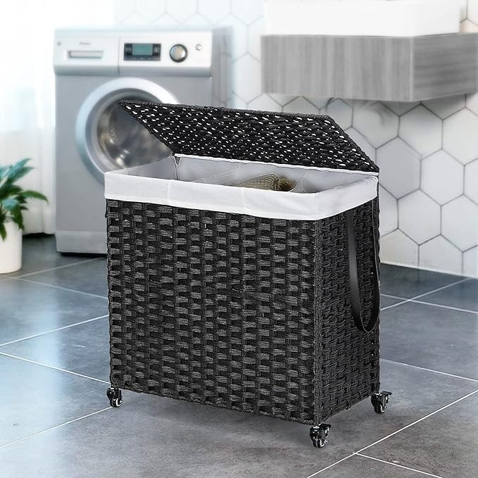 Giantex Laundry Hamper with Wheels and Lid, 125L Rattan Clothes Hamper with 2 Removable Liner Bags & Handle, 3-Section Foldable Laundry Sorter, Rolling Wicker Laundry Basket for Bathroom(Black)