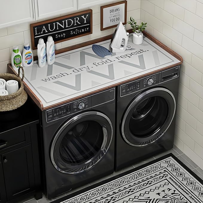 Washer and Dryer Countertop 54" x 27.5" with Heat-Resistant Ironing Mat, Laundry Room Folding Table for Front Load Machines, Non-Slip Pads Included, Scratch-Proof Laundry Topper, Walnut