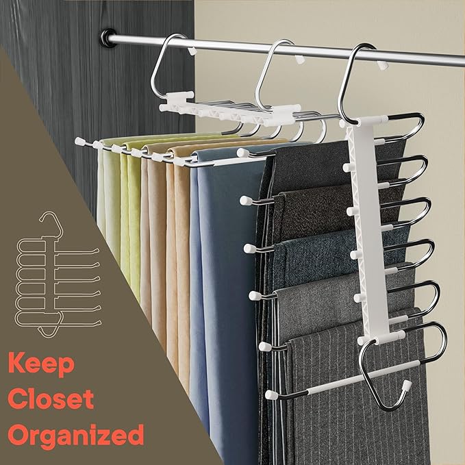 Space Saving Pants Hangers 4 Pack, 6 Layer Jeans Hangers and Closet Organizer for Jeans, Scarves, & Skirts, Multi-Layer Hanger with Anti-Slip Stopper, Heavy-Duty S-Type Stainless Steel, White