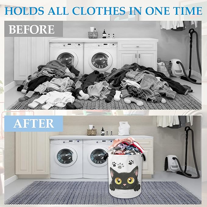 Cute Black Cat Laundry Basket Collapsible Laundry Hamper Oxford Clothes Toy Storage Bin for Bathroom Bedroom Room Decor 16 X 20.8 Inch
