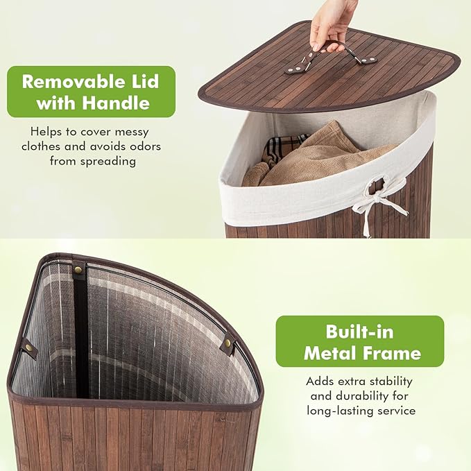 Giantex Corner Laundry Hamper with Lid, 58 L Bamboo Laundry Basket with Removable Liner & Handle, Triangle Clothes Hamper for Small Spaces, Bedroom, Bathroom, Laundry & Living Room (Brown)