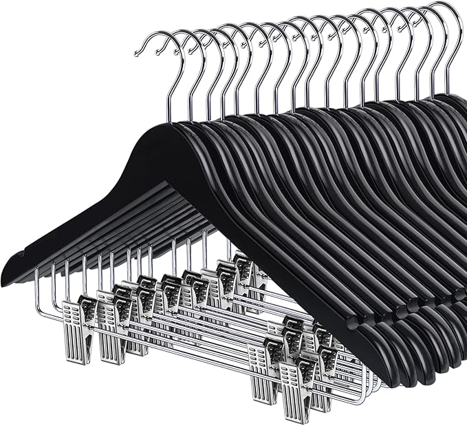 HOUSM Wooden Suit & Skirt Hangers with Heavy-Duty Clips, Premium Solid Wood Pants Hangers, Smooth Finish - Black, 16Pack for Coats, Jeans, Blouses