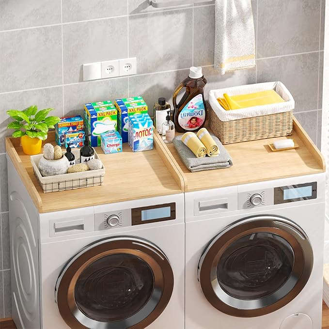 Washer Dryer Countertop Set of 2, 54.34" L x 27.56" W x 2.76" H Laundry Topper for Washer and Dryer, Wood Laundry Countertop with Anti-Slip Pads & Edge Rails for Laundry Room Organization (Light Wood)
