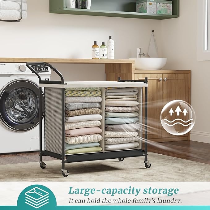 Laundry Hamper with Wheels - 2 Section Laundry Basket 160L, Removable Washable Bags, Height-Fitted Rolling Laundry Cart for Laundry Room & Bedroom