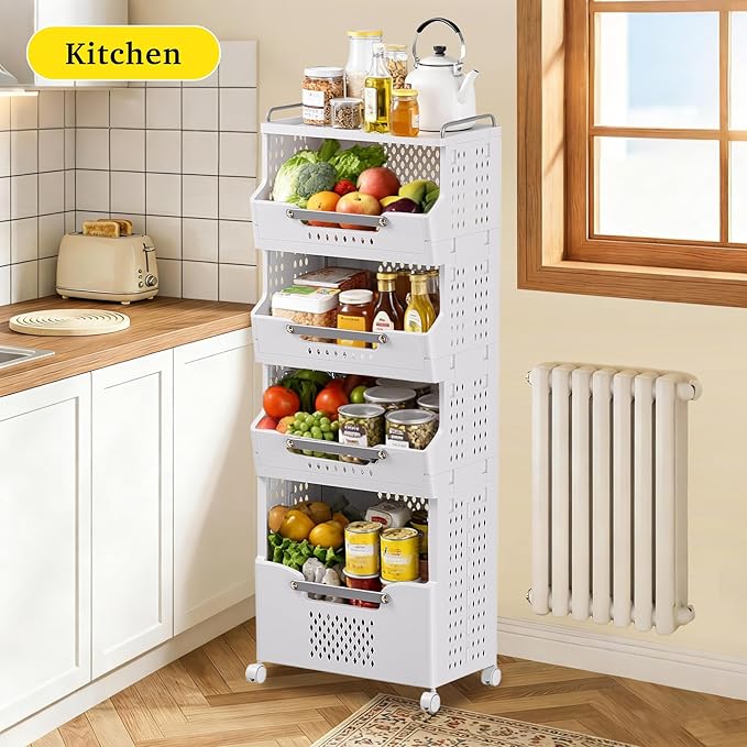 Laundry Basket with Wheels,Folding Laundry Hamper,utility cart,Kitchen storage Cart,Stackable Laundry Basket Holder,Rolling Dirty Clothes Hamper,Plastic laundry room organization (3 Large-Tier)