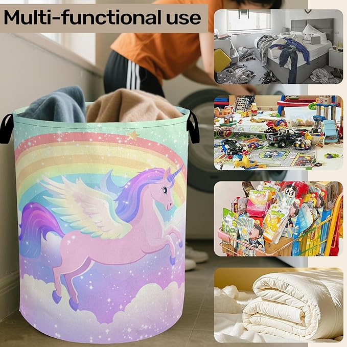 Rainbow Unicorn Foldable Laundry Hamper - Waterproof Fabric Storage Basket with Handles, Clothes Hampers for Laundry,Bedroom,Dorm