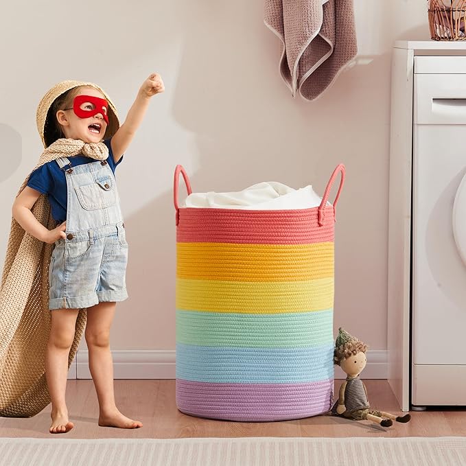 20 Inches Rainbow Baby Girls Kids Hamper Laundry Basket for Nursery Toddler Clothes Blanket Toy Storage Woven Rope Unicorn Hamper in Playroom Bedroom 60L Large
