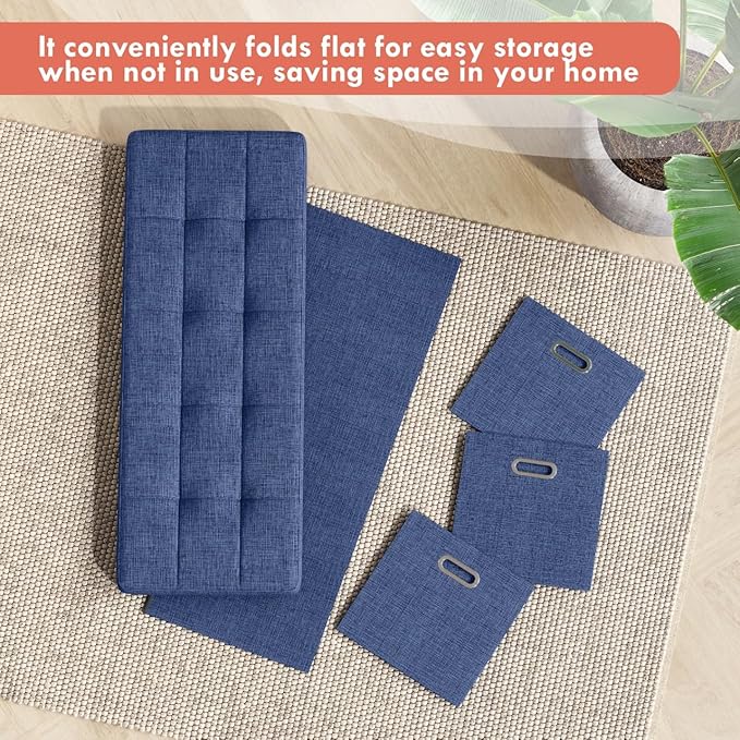 Ornavo Home Storage Ottoman with 3 Drawers, 40 Inches Long Foldable Tufted Linen Large Bench Ottoman with Storage, Foot Rest Stool Seat, for Living Room, Bedroom, Entryway, Navy Blue