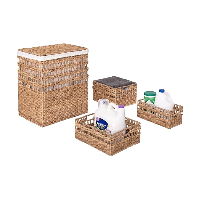 Seville Classics Premium Natural Handwoven Portable Laundry Bin Basket with Carrying Handles, Household Storage for Clothes, Linens, Sheets, Rattan, 3-Piece Hamper Set