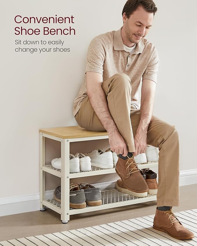 VASAGLE 3-Tier Shoe Rack, Shelf Storage Bench with Metal Mesh Shelves and Seat, Free Standing Shoe Organizer for Entryway, 11.8 x 28.7 x 17.7 Inches, Oak Beige and Classic White ULBS073W09