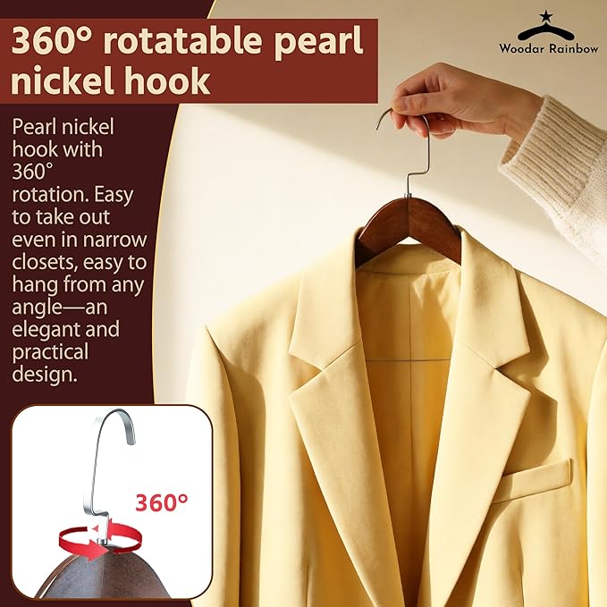 Luxury Wide Shoulder Wooden Coat Hangers with Pants Bar, Clips, Solid Wood Jacket Clothes Hangers Smooth Finish for Sweater Suit Dress Pants Sport Coats (Dark Brown, 6 Pack)