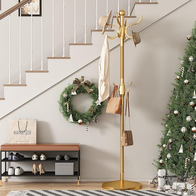 Metal Coat Rack Stand Coat Rack Freestanding with 12 Hooks Sturdy Heavy Duty Modern Coats Tree for Bags Clothes Hall Tree Hats Hanger Holder Stand for Entryway Bedroom Hallway Office, Gold