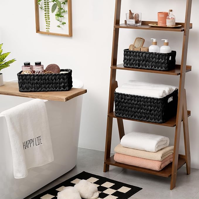 GRANNY SAYS Wicker Baskets for Storage, Wicker Storage Basket for Organizing, Large Woven Baskets, Waterproof Basket for Vanity, Home Decor, Black, 3-Pack