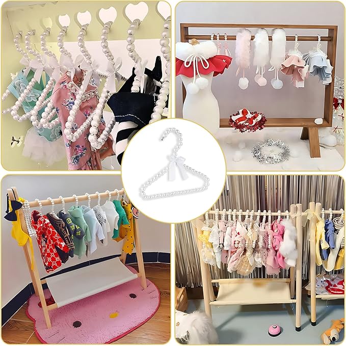 5 Pack Pearl Hanger Kids, Small Pearl Beads Bow Clothes Hangers, Elegant Standard Hangers for Children Pet Dog (White)