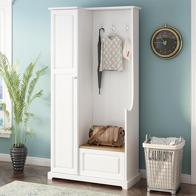 Versatile Design Hall Tree with Flip-Up Bench, 4-in-1 Minimalist Hallway Coat Hanger Shoe Cabinet with Adjustable Shelves, Entryway Coat Rack with Hanging Hooks for Entryways, Mudroom (White-35)