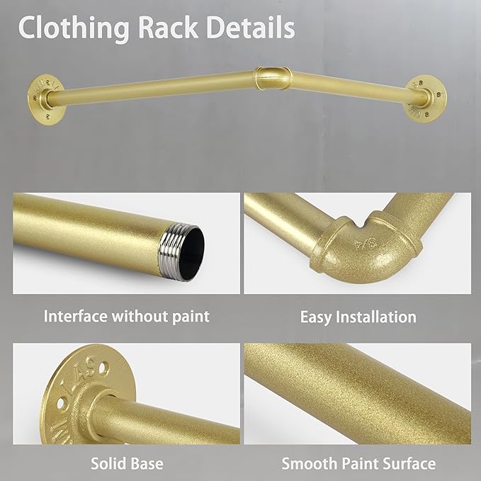 AddGrace Industrial Pipe Garment Rack Iron Wall Mounted Right Angle Corner Clothing Rack with Screws DIY Home Storage Display(Gold)