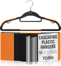 Yolife Cascading Plastic Clothes Hangers 10 Pack with Inner Hook for Vertical Storage, Slim Space Saving Hangers with Non-Slip Pads, 360° Swivel Metal Hook, Versatile, Black & Orange