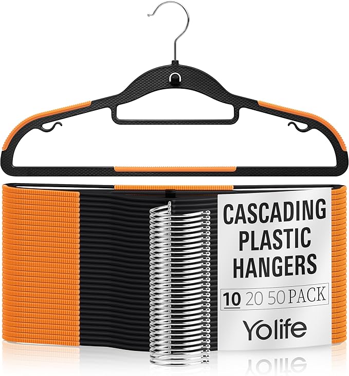 Yolife Cascading Plastic Clothes Hangers 10 Pack with Inner Hook for Vertical Storage, Slim Space Saving Hangers with Non-Slip Pads, 360° Swivel Metal Hook, Versatile, Black & Orange