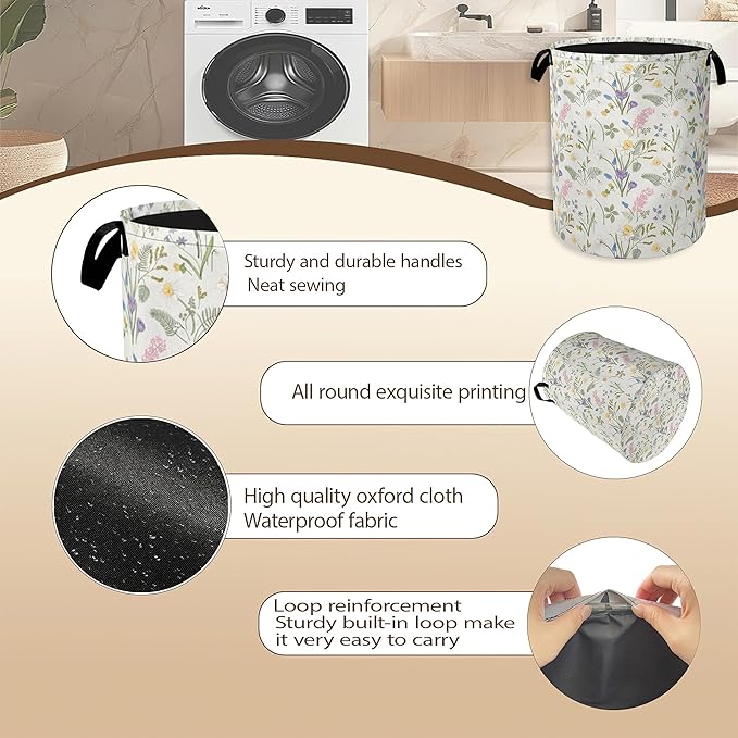 Collapsible Laundry Basket,Wildflower Dirty Clothes Hamper,Colorful Floral Leaves Hampers for Bedroom Waterproof Oxford Cloth Storage Organizer for Bathroom,Nursery,Dorm,16x20 Inch