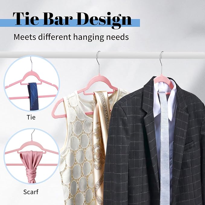 Smartor Pink Velvet Hangers 60 Pack, Space Saving Clothes Hangers with Tie Bar, Non-Slip Felt Hangers with Shoulder Notches, Heavy Duty Suit Hangers for Coat, Shirt, Pants, Dress