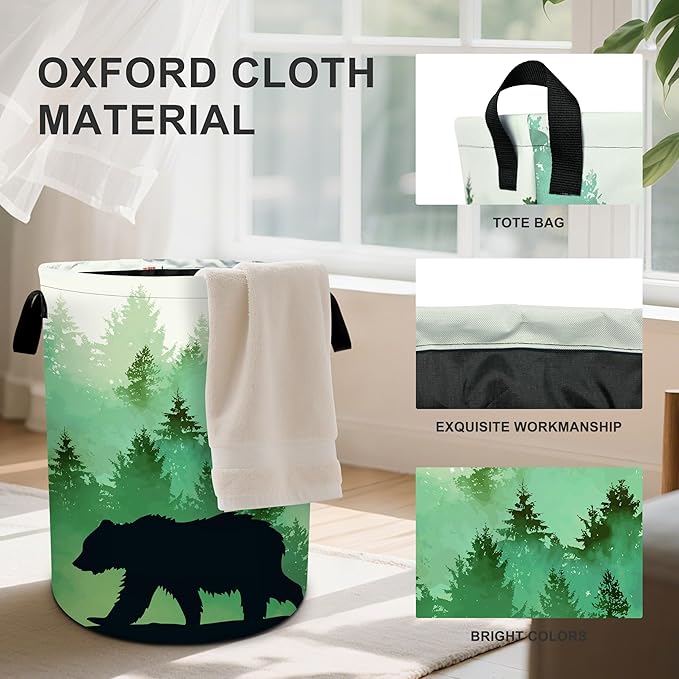 Misty Forest Bear Laundry Basket Laundry Hamper With Handles Collapsible Laundry Baskets Storage Basket For Room Bathroom Bedroom Decor