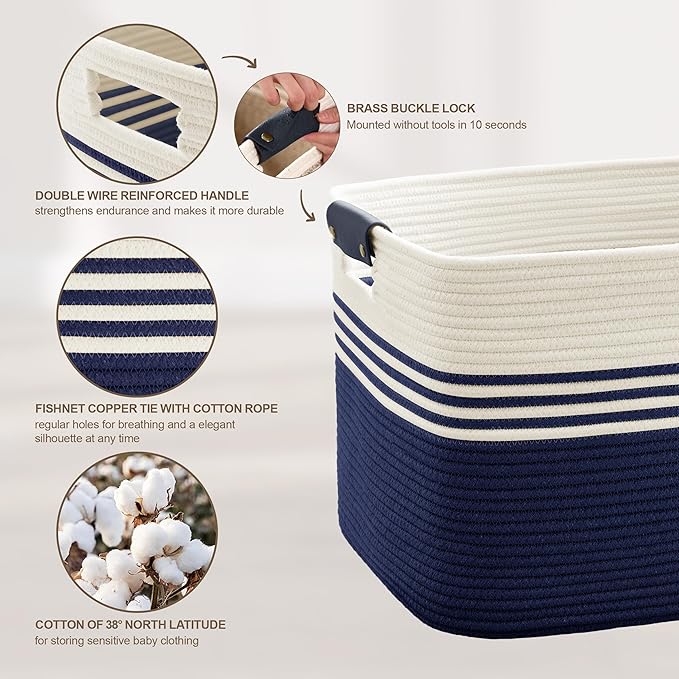72L Large Laundry Basket with Leather Handles for Living Room Storage, Woven Rope Baskets Bin for Blanket, Kids Toy, Gifts, Wicker Hamper for Bedroom Dirty Clothes, 22"x17"x12" White Navy