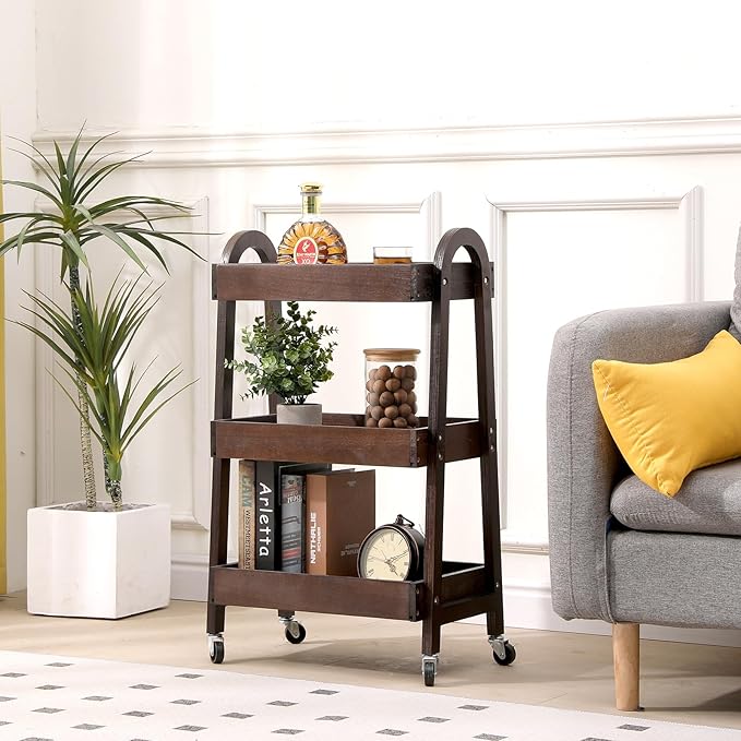 3-Tier Wooden Rolling Cart- Wooden Utility Cart wit Wheels- Utility Rolling Cart-Storage Trolley Organizer- Rolling Kitchen Cart Serving Cart for Office,Kitchen, Kids' Room (Walnut Color)