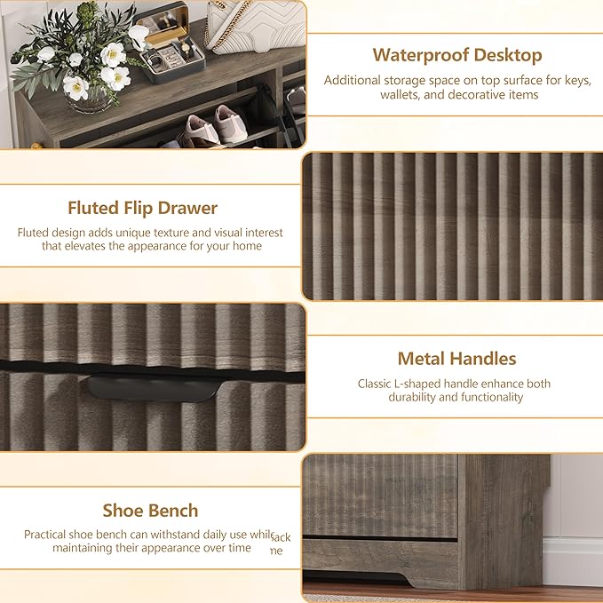 Shoe Cabinet Storage for Entryway with 6 Flip Drawers, Grey Fluted Shoe Cabinet with Adjustable Shelves, Wooden Hidden Shoe Rack Freestanding Narrow Slim Shoes Storage for Hallway, Entrance
