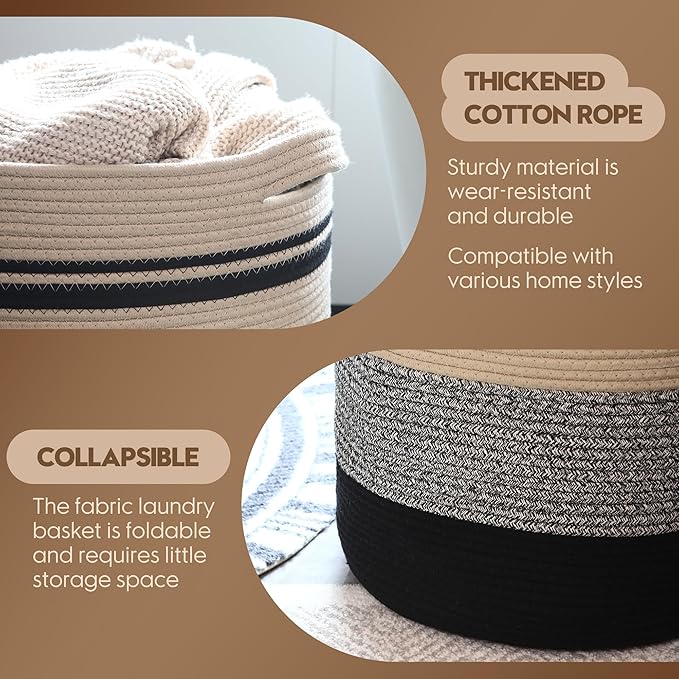 Sea Team Large Size Cotton Rope Woven Storage Basket with Handles, Laundry Hamper, Fabric Bucket, Drum, Clothes Blankets Organizer for Kid's Room, 18 x 20 inches, Round Open Design, Flaxen & Black