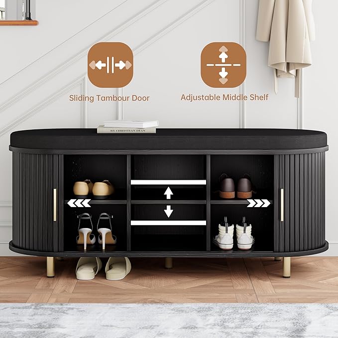 DHH 2-Tier Storage Bench, 43.3" Wide Shoe Bench with Thickened Padded Seat Cushion, Mid Century Modern Fluted Sliding Door and Adjustable Shelf, for Entryway, Living Room, Bedroom(Black)